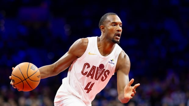 Nov 21, 2023; Philadelphia, Pennsylvania, USA; Cleveland Cavaliers forward Evan Mobley (4) in action against the Philadelphia 76ers during the second quarter at Wells Fargo Center.
